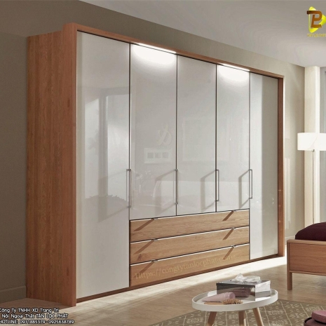 Tủ Quần Áo MDF Màu Trắng Phối Vân Gỗ Cao Cấp